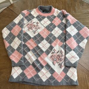 Vintage Dana Scott Argyle Floral Sweater in Pink, Gray & White
